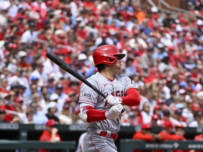 May 4, 2023; St. Louis, Missouri, USA;  Los Angeles Angels designated hitter Shohei Ohtani (17) hits a single against the St. Louis Cardinals during the third inning at Busch Stadium. Mandatory Credit: Jeff Curry-USA TODAY Sports