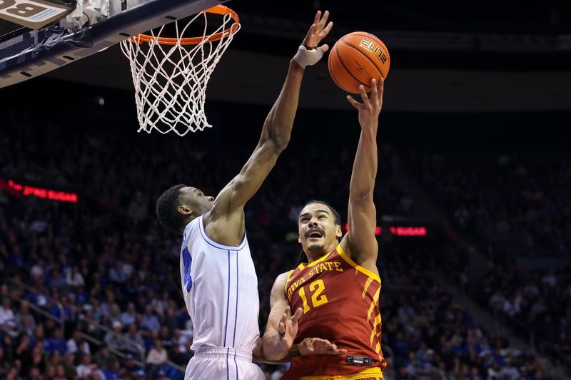 Jan 16, 2024; Provo, Utah, USA; Iowa State Cyclones forward Robert Jones (12) has his shot blocked by Brigham Young Cougars forward Atiki Ally Atiki (4) during the second half at Marriott Center. Mandatory Credit: Rob Gray-USA TODAY Sports