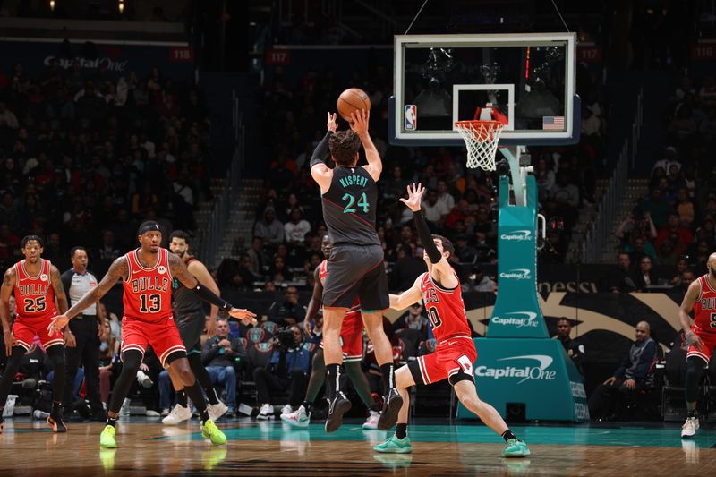 WASHINGTON, DC -? APRIL 12: Corey Kispert #24 of the Washington Wizards shoots a three point basket during the game against the Chicago Bulls on April 12, 2024 at Capital One Arena in Washington, DC. NOTE TO USER: User expressly acknowledges and agrees that, by downloading and or using this Photograph, user is consenting to the terms and conditions of the Getty Images License Agreement. Mandatory Copyright Notice: Copyright 2024 NBAE (Photo by Stephen Gosling/NBAE via Getty Images)