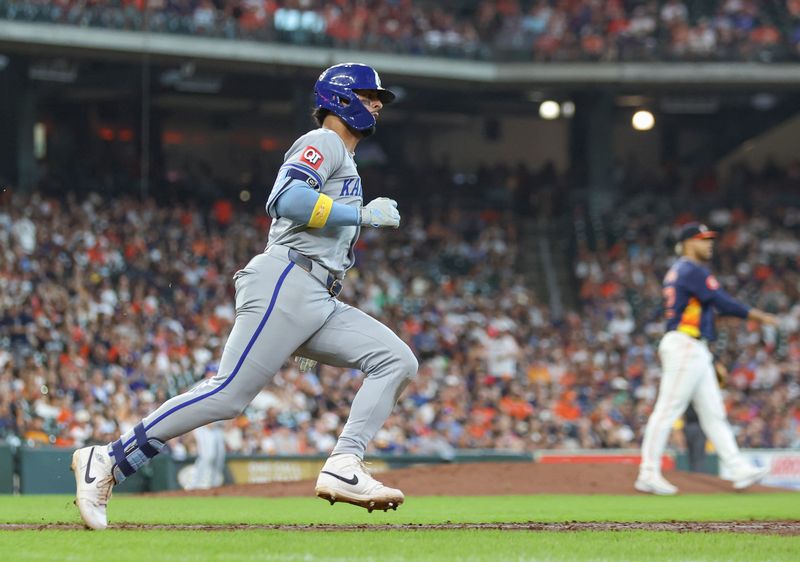Sep 1, 2024; Houston, Texas, USA; Kansas City Royals left fielder MJ Melendez (1) runs to first base on a double during the eighth inning against the Houston Astros at Minute Maid Park. Mandatory Credit: Troy Taormina-USA TODAY Sports
