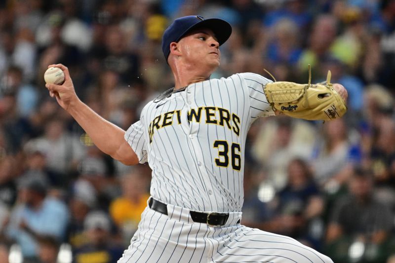 Jul 28, 2024; Milwaukee, Wisconsin, USA; Milwaukee Brewers starting pitcher Tobias Myers (36) pitches in the first inning against the Miami Marlins at American Family Field. Mandatory Credit: Benny Sieu-USA TODAY Sports