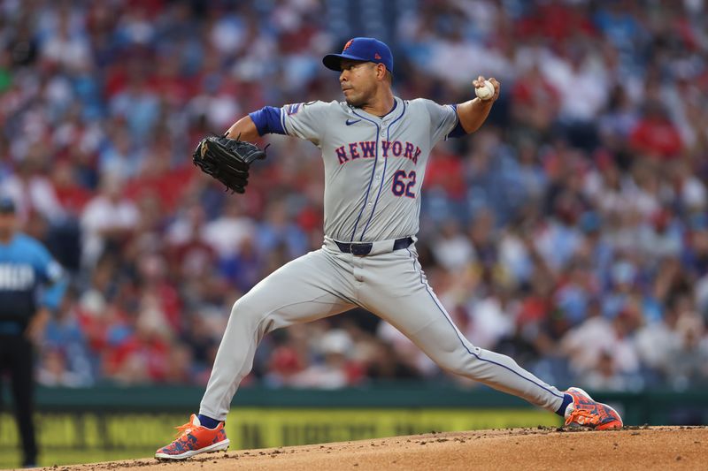 Sep 13, 2024; Philadelphia, Pennsylvania, USA; New York Mets pitcher Jose Quintana (62) throws a pitch during the first inning against the Philadelphia Phillies at Citizens Bank Park. Mandatory Credit: Bill Streicher-Imagn Images