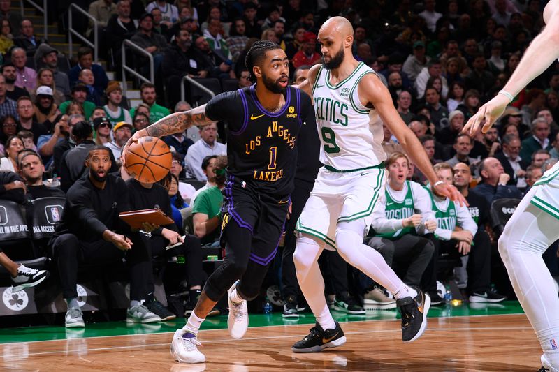 BOSTON, MA - FEBRUARY 1: D'Angelo Russell #1 of the Los Angeles Lakers handles the ball during the game  against the Boston Celtics  on February 1, 2024 at the TD Garden in Boston, Massachusetts. NOTE TO USER: User expressly acknowledges and agrees that, by downloading and or using this photograph, User is consenting to the terms and conditions of the Getty Images License Agreement. Mandatory Copyright Notice: Copyright 2024 NBAE  (Photo by Brian Babineau/NBAE via Getty Images)