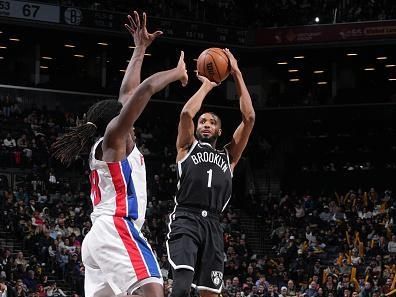 BROOKLYN, NY - DECEMBER 23: Mikal Bridges #1 of the Brooklyn Nets shoots the ball during the game against the Detroit Pistons on December 23, 2023 at Barclays Center in Brooklyn, New York. NOTE TO USER: User expressly acknowledges and agrees that, by downloading and or using this Photograph, user is consenting to the terms and conditions of the Getty Images License Agreement. Mandatory Copyright Notice: Copyright 2023 NBAE (Photo by Jesse D. Garrabrant/NBAE via Getty Images)