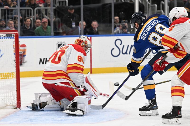 Jan 14, 2025; St. Louis, Missouri, USA; Calgary Flames goaltender Dan Vladar (80) defends the net against St. Louis Blues left wing Pavel Buchnevich (89) in the second period at Enterprise Center. Mandatory Credit: Joe Puetz-Imagn Images