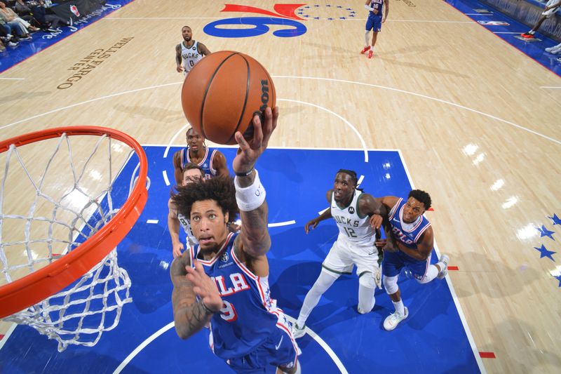 PHILADELPHIA, PA - OCTOBER 22: Kelly Oubre Jr. #9 of the Philadelphia 76ers drives to the basket during the game against the Milwaukee Bucks on October 22, 2024 at the Wells Fargo Center in Philadelphia, Pennsylvania NOTE TO USER: User expressly acknowledges and agrees that, by downloading and/or using this Photograph, user is consenting to the terms and conditions of the Getty Images License Agreement. Mandatory Copyright Notice: Copyright 2024 NBAE (Photo by Jesse D. Garrabrant/NBAE via Getty Images)