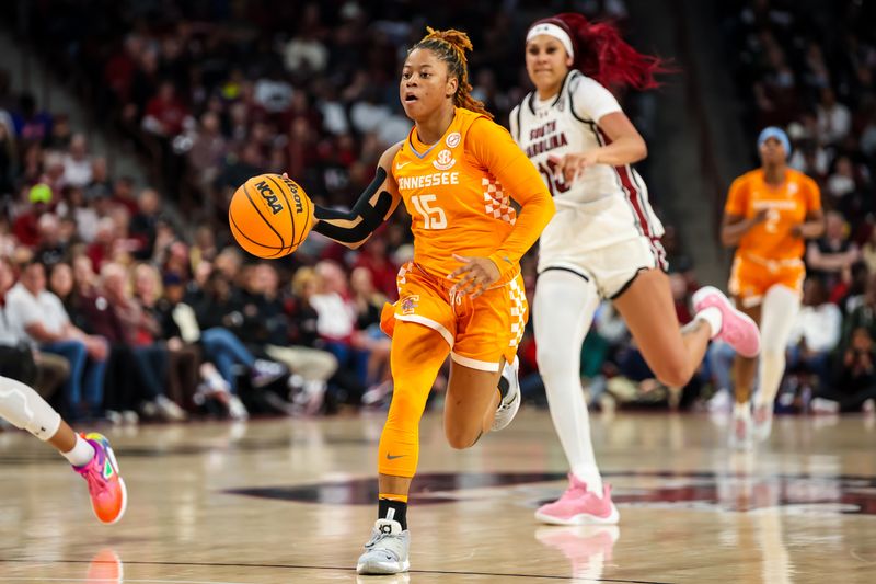 Mar 3, 2024; Columbia, South Carolina, USA; Tennessee Lady Vols guard Jasmine Powell (15) drives against the South Carolina Gamecocks in the second half at Colonial Life Arena. Mandatory Credit: Jeff Blake-USA TODAY Sports