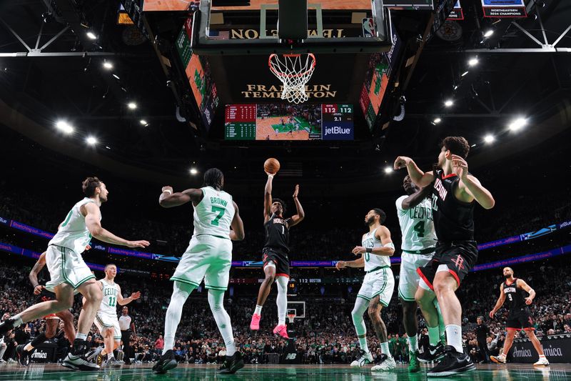 BOSTON, MA - JANUARY 27: Amen Thompson #1 of the Houston Rockets makes the game winning shot during the game against the Boston Celtics on January 27, 2025 at TD Garden in Boston, Massachusetts. NOTE TO USER: User expressly acknowledges and agrees that, by downloading and/or using this Photograph, user is consenting to the terms and conditions of the Getty Images License Agreement. Mandatory Copyright Notice: Copyright 2025 NBAE (Photo by Brian Babineau/NBAE via Getty Images)