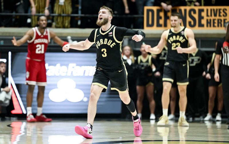 Jan 31, 2025; West Lafayette, Indiana, USA; Purdue Boilermakers guard Braden Smith (3) celebrates after drawing an offensive foul during the second half against the Indiana Hoosiers at Mackey Arena. Mandatory Credit: Robert Goddin-Imagn Images