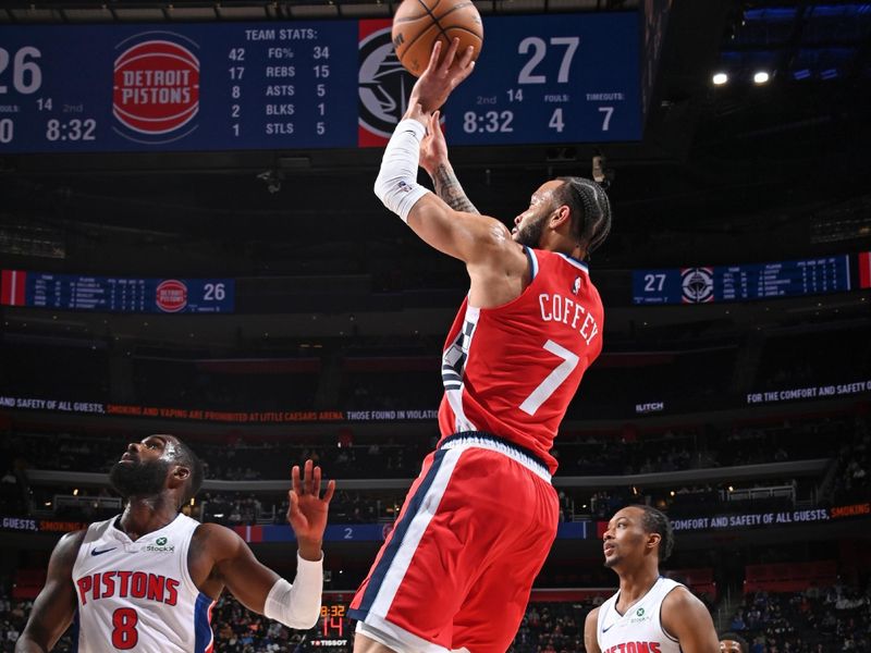 DETROIT, MI - FEBRUARY 24: Amir Coffey #7 of the LA Clippers shoots the ball during the game against the Detroit Pistons on February 24, 2025 at Little Caesars Arena in Detroit, Michigan. NOTE TO USER: User expressly acknowledges and agrees that, by downloading and/or using this photograph, User is consenting to the terms and conditions of the Getty Images License Agreement. Mandatory Copyright Notice: Copyright 2025 NBAE (Photo by Chris Schwegler/NBAE via Getty Images)