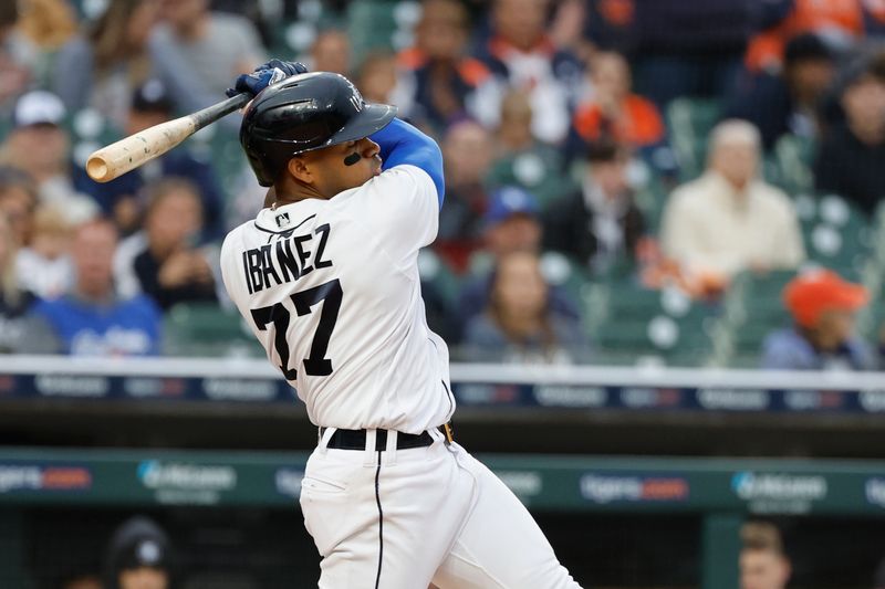 Sep 28, 2023; Detroit, Michigan, USA; Detroit Tigers second baseman Andy Ibanez (77) hits an RBI single in the seventh inning against the Kansas City Royals at Comerica Park. Mandatory Credit: Rick Osentoski-USA TODAY Sports