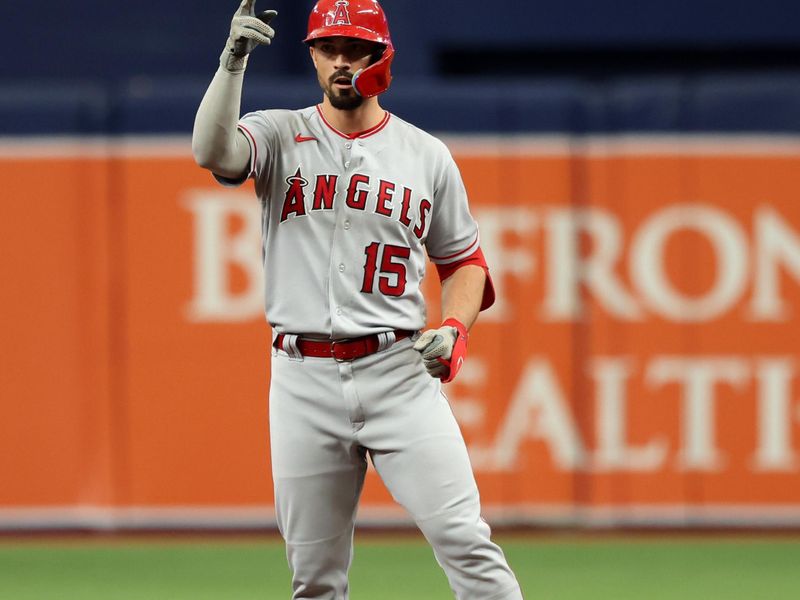 Sep 21, 2023; St. Petersburg, Florida, USA; Los Angeles Angels right fielder Randal Grichuk (15) celebrates after hitting a double during the ninth inning against the Tampa Bay Rays at Tropicana Field. Mandatory Credit: Kim Klement Neitzel-USA TODAY Sports