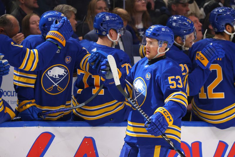 Dec 21, 2023; Buffalo, New York, USA;  Buffalo Sabres left wing Jeff Skinner (53) celebrates his goal with teammates during the first period against the Toronto Maple Leafs at KeyBank Center. Mandatory Credit: Timothy T. Ludwig-USA TODAY Sports