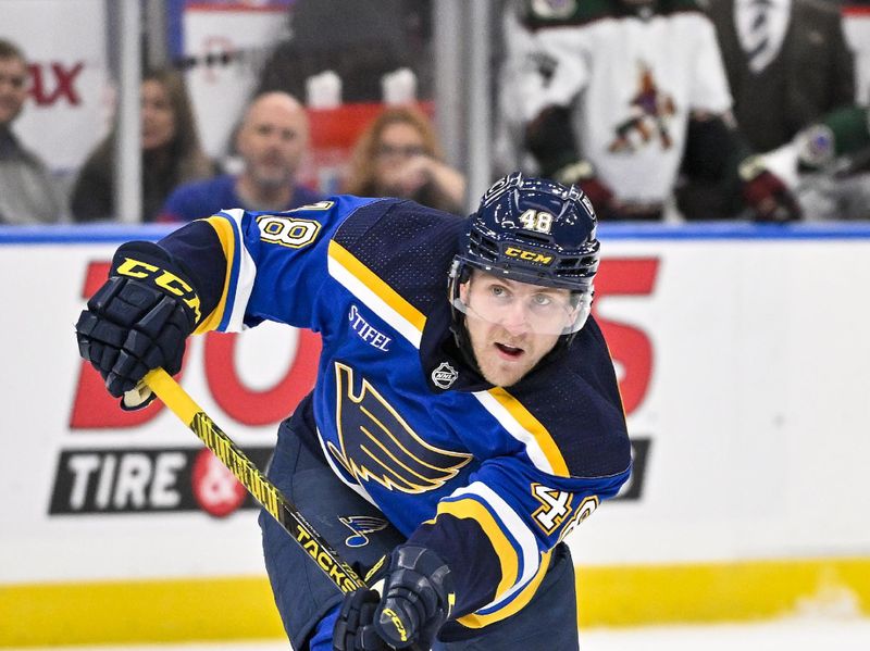 Nov 9, 2023; St. Louis, Missouri, USA;  St. Louis Blues defenseman Scott Perunovich (48) passes the puck against the Arizona Coyotes during the second period at Enterprise Center. Mandatory Credit: Jeff Curry-USA TODAY Sports