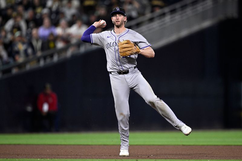 May 13, 2024; San Diego, California, USA; Colorado Rockies third baseman Ryan McMahon (24) throws to first base on a ground out by San Diego Padres right fielder Fernando Tatis Jr. (not pictured) during the seventh inning at Petco Park. Mandatory Credit: Orlando Ramirez-USA TODAY Sports