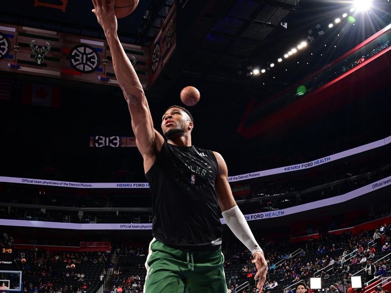 DETROIT, MI - DECEMBER 3: Giannis Antetokounmpo #34 of the Milwaukee Bucks warms up before the game against the Detroit Pistons during the Emirates NBA Cup game on December 3, 2024 at Little Caesars Arena in Detroit, Michigan. NOTE TO USER: User expressly acknowledges and agrees that, by downloading and/or using this photograph, User is consenting to the terms and conditions of the Getty Images License Agreement. Mandatory Copyright Notice: Copyright 2024 NBAE (Photo by Chris Schwegler/NBAE via Getty Images)