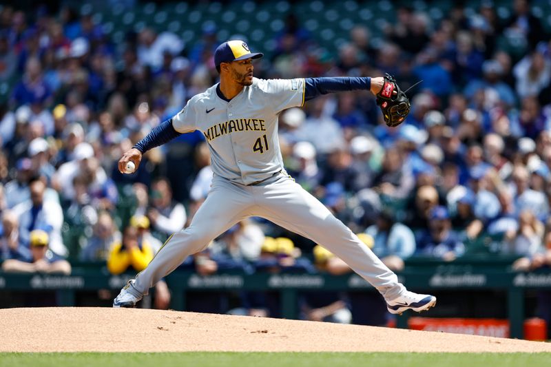 May 3, 2024; Chicago, Illinois, USA; Milwaukee Brewers starting pitcher Joe Ross (41) delivers a pitch against the Chicago Cubs during the first inning at Wrigley Field. Mandatory Credit: Kamil Krzaczynski-USA TODAY Sports