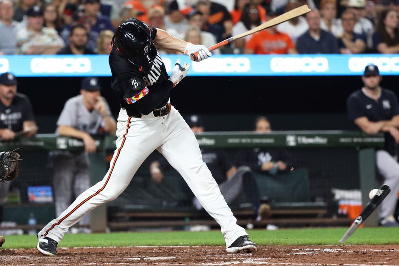 Sep 19, 2025; Baltimore, Maryland, USA; Baltimore Orioles third baseman Jordan Westburg (11) breaks his bat and reaches first safely on a fielding error during the sixth inning against the New York Yankees at Oriole Park at Camden Yards. Mandatory Credit: Daniel Kucin Jr.-Imagn Images