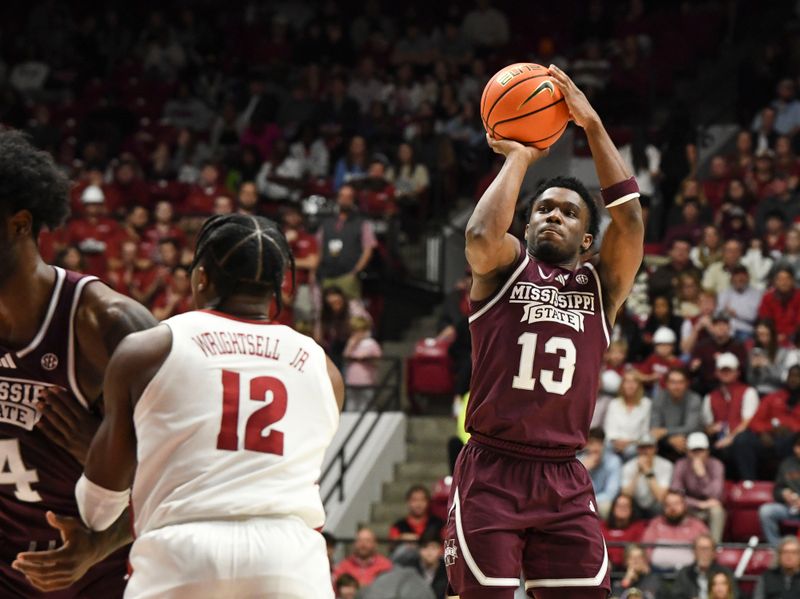 Feb 3, 2024; Tuscaloosa, Alabama, USA;  Mississippi State guard Josh Hubbard (13) shoots against Alabama at Coleman Coliseum. Mandatory Credit: Gary Cosby Jr.-USA TODAY Sports