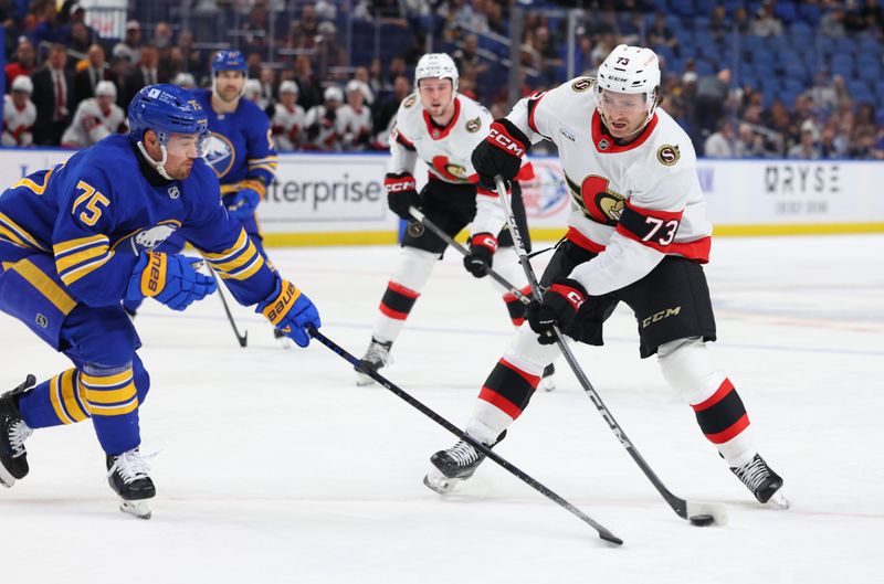 Nov 5, 2024; Buffalo, New York, USA;  Buffalo Sabres defenseman Connor Clifton (75) tries to block a shot by Ottawa Senators left wing Noah Gregor (73) during the first period at KeyBank Center. Mandatory Credit: Timothy T. Ludwig-Imagn Images