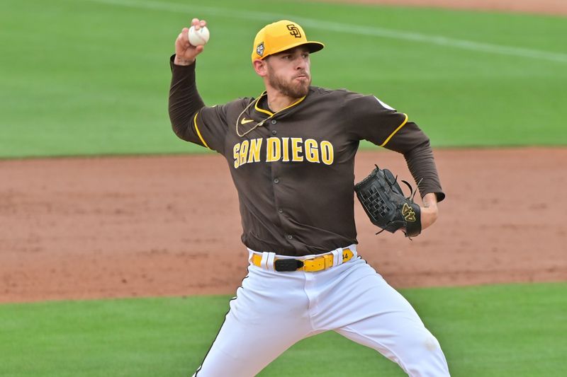 Feb 26, 2024; Peoria, Arizona, USA;  San Diego Padres starting pitcher Joe Musgrove (44) throws in the second inning against the Cleveland Guardians during a spring training game at Peoria Sports Complex. Mandatory Credit: Matt Kartozian-USA TODAY Sports