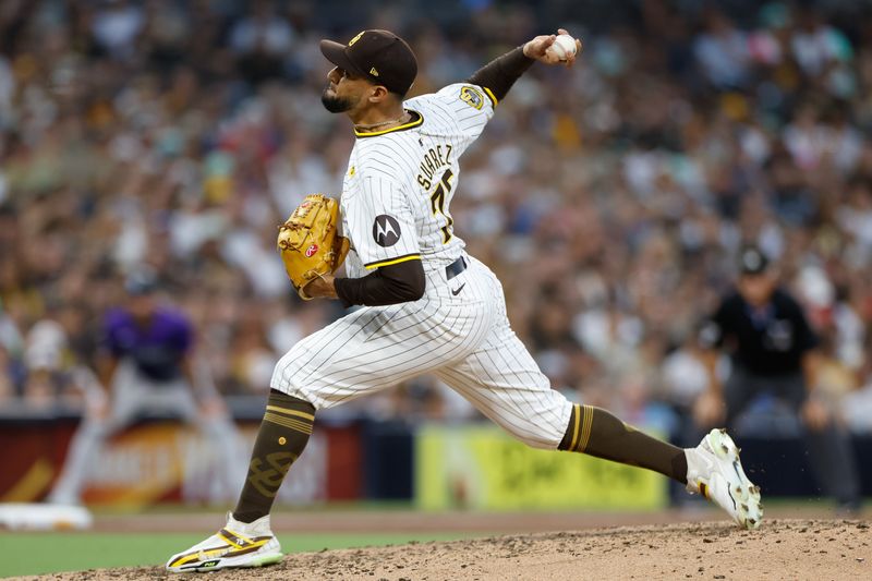 Aug 3, 2024; San Diego, California, USA; San Diego Padres relief pitcher Robert Suarez (75) throws against the Colorado Rockies during the ninth inning at Petco Park. Mandatory Credit: David Frerker-USA TODAY Sports