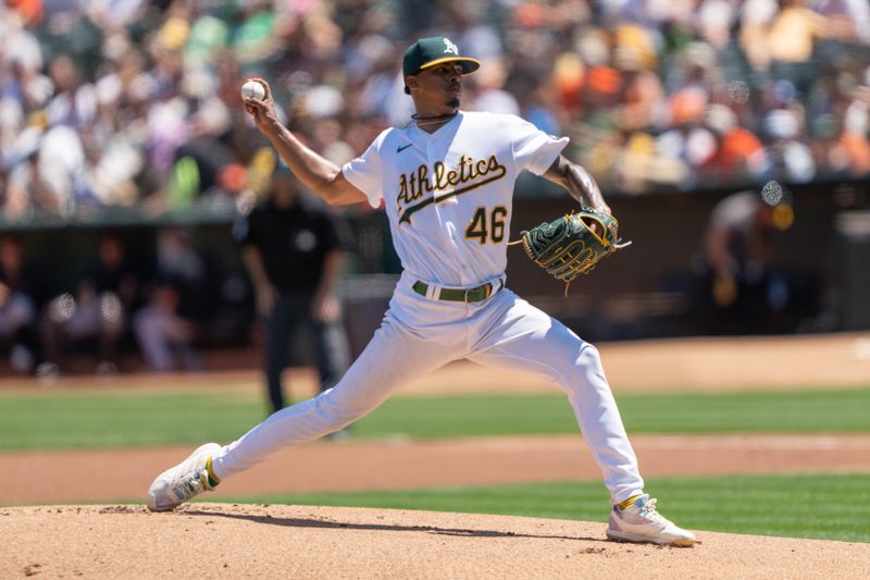 Aug 6, 2023; Oakland, California, USA;  Oakland Athletics starting pitcher Luis Medina (46) pitches during the first inning against the San Francisco Giants at Oakland-Alameda County Coliseum. Mandatory Credit: Stan Szeto-USA TODAY Sports