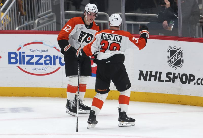 Mar 7, 2026; Pittsburgh, Pennsylvania, USA;  Philadelphia Flyers center Denver Barkey (52) celebrates with right wing Matvei Michkov (39) after scoring a goal against the Pittsburgh Penguins during the second period at PPG Paints Arena. Mandatory Credit: Charles LeClaire-Imagn Images
