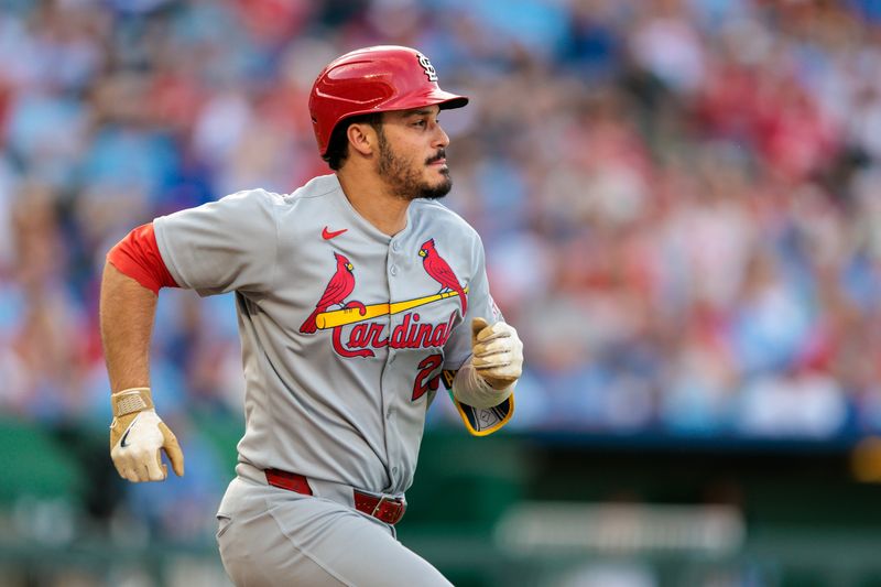 May 17, 2025; Kansas City, Missouri, USA; St. Louis Cardinals third base Nolan Arenado (28) runs to first base after a hit during the first inning against the Kansas City Royals at Kauffman Stadium. Mandatory Credit: William Purnell-Imagn Images