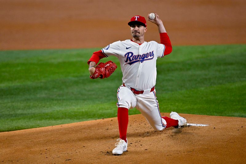 Aug 5, 2024; Arlington, Texas, USA; Texas Rangers starting pitcher Andrew Heaney (44) pitches against the Houston Astros during the first inning at Globe Life Field. Mandatory Credit: Jerome Miron-USA TODAY Sports