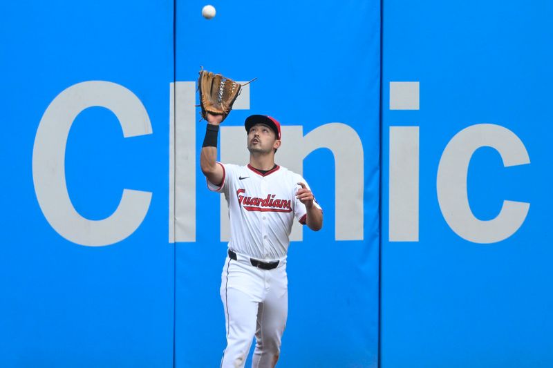 May 13, 2025; Cleveland, Ohio, USA; Cleveland Guardians left fielder Steven Kwan (38) catches a fly ball in the second inning against the Milwaukee Brewers at Progressive Field. Mandatory Credit: David Richard-Imagn Images