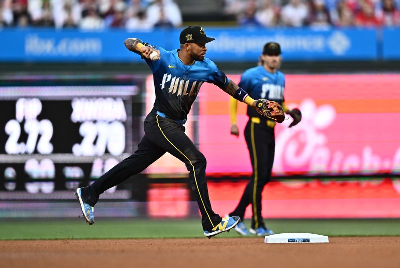 May 17, 2024; Philadelphia, Pennsylvania, USA; Philadelphia Phillies infielder Edmundo Sosa (33) throws to first against the Washington Nationals in the fourth inning at Citizens Bank Park. Mandatory Credit: Kyle Ross-USA TODAY Sports