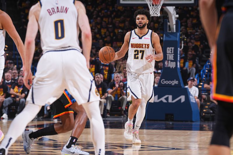OKLAHOMA CITY, OK - MAY 5: Jamal Murray #27 of the Denver Nuggets dribbles the ball during the game against the Oklahoma City Thunder during Round Two Game One of the 2025 NBA Playoffs on May 5, 2025 at Paycom Center in Oklahoma City, Oklahoma. NOTE TO USER: User expressly acknowledges and agrees that, by downloading and or using this photograph, User is consenting to the terms and conditions of the Getty Images License Agreement. Mandatory Copyright Notice: Copyright 2025 NBAE (Photo by Garrett Ellwood/NBAE via Getty Images)