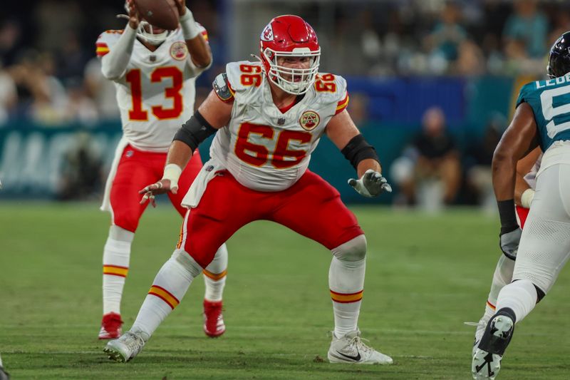 Kansas City Chiefs guard Mike Caliendo (66) in action during an NFL preseason football game against the Jacksonville Jaguars, Saturday, Aug. 10, 2024, in Jacksonville, Fla. The Jaguars defeated the Chiefs 26-13. (AP Photo/Gary McCullough)