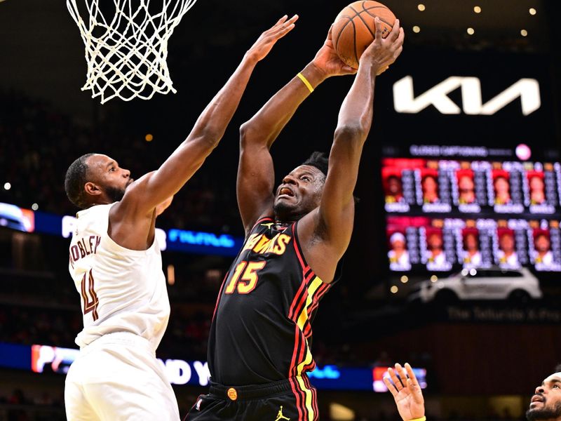 ATLANTA, GA - NOVEMBER 29: Clint Capela #15 of the Atlanta Hawks dunks the ball during the game against the Cleveland Cavaliers during the Emirates NBA Cup game on November 29, 2024 at State Farm Arena in Atlanta, Georgia.  NOTE TO USER: User expressly acknowledges and agrees that, by downloading and/or using this Photograph, user is consenting to the terms and conditions of the Getty Images License Agreement. Mandatory Copyright Notice: Copyright 2024 NBAE (Photo by Adam Hagy/NBAE via Getty Images)