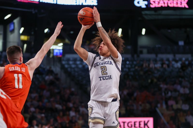 Feb 21, 2024; Atlanta, Georgia, USA; Georgia Tech Yellow Jackets guard Naithan George (2) shoots against the Clemson Tigers in the second half at McCamish Pavilion. Mandatory Credit: Brett Davis-USA TODAY Sports