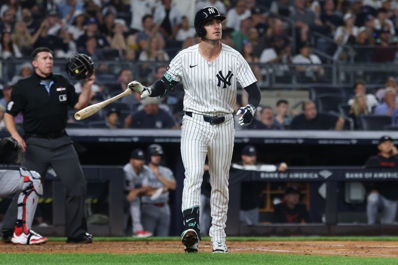 Aug 13, 2025; Bronx, New York, USA;  New York Yankees left fielder Cody Bellinger (35) looks up after hitting a solo home run during the third inning against the Minnesota Twins  at Yankee Stadium. Mandatory Credit: Vincent Carchietta-Imagn Images
