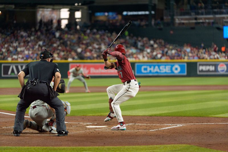 Sep 21, 2025; Phoenix, Arizona, USA; Arizona Diamondbacks outfielder Corbin Carroll (7) hits a home run in the second inning against the Philadelphia Phillies at Chase Field. Mandatory Credit: Allan Henry-Imagn Images
