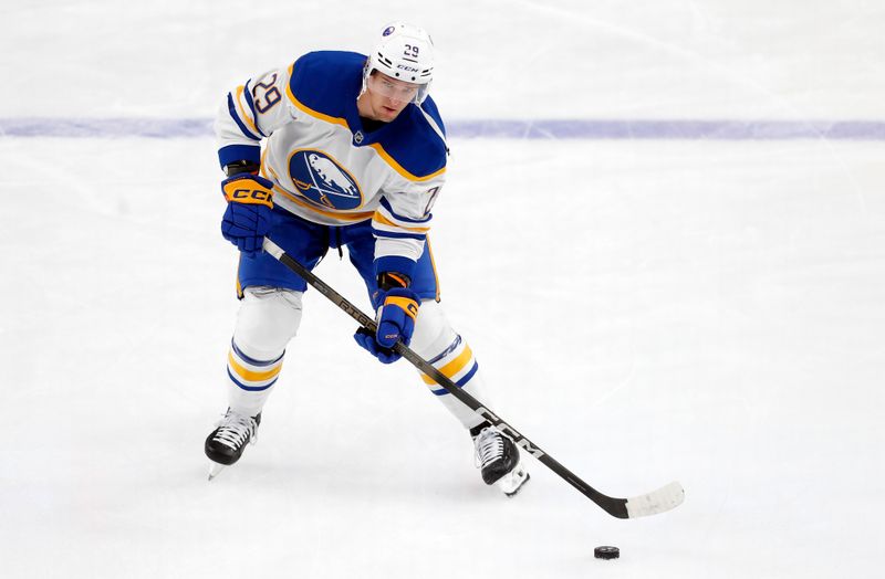 Oct 16, 2024; Pittsburgh, Pennsylvania, USA;  Buffalo Sabres left wing Beck Malenstyn (29) warms up before the game against the Pittsburgh Penguins at PPG Paints Arena. Mandatory Credit: Charles LeClaire-Imagn Images