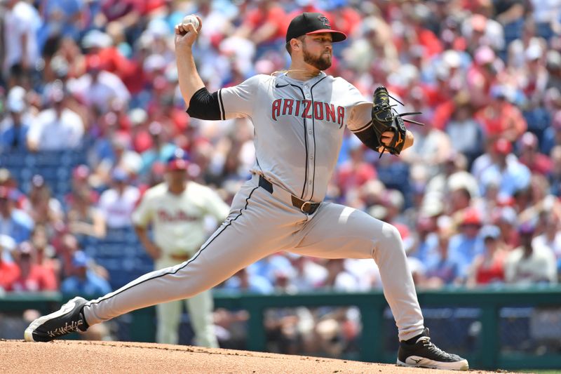 Jun 23, 2024; Philadelphia, Pennsylvania, USA; Arizona Diamondbacks pitcher Slade Cecconi (43) throws a pitch during the first inning against the Philadelphia Phillies at Citizens Bank Park. Mandatory Credit: Eric Hartline-USA TODAY Sports