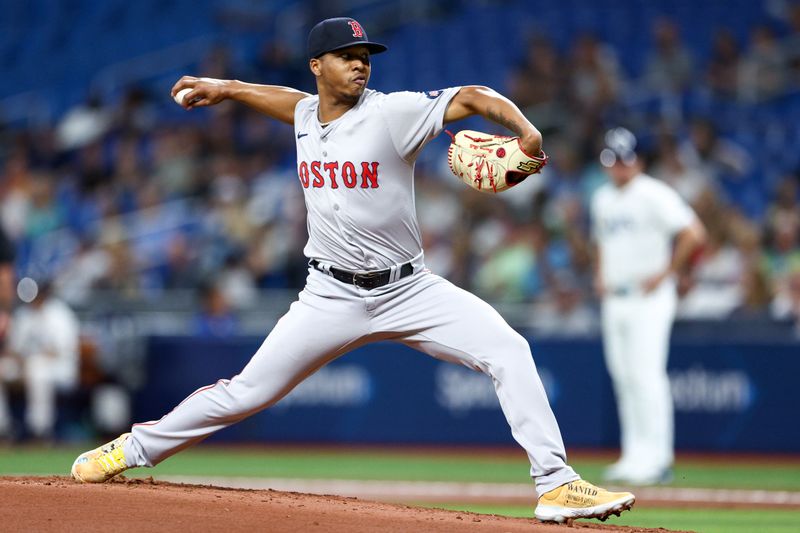 Sep 19, 2024; St. Petersburg, Florida, USA; Boston Red Sox pitcher Brayan Bello (66) throws a pitch against the Tampa Bay Rays in the first inning at Tropicana Field. Mandatory Credit: Nathan Ray Seebeck-Imagn Images