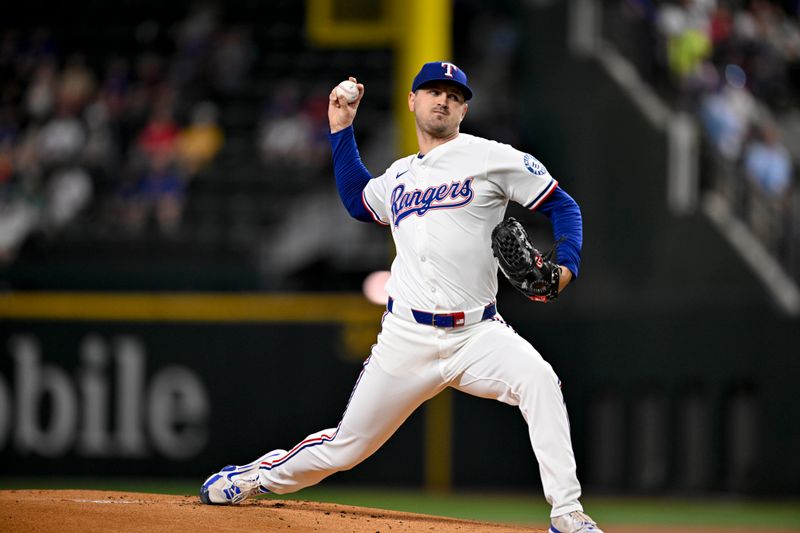 May 1, 2025; Arlington, Texas, USA; Texas Rangers pitcher Tyler Mahle (51) pitches against the Athletics during the first inning at Globe Life Field. Mandatory Credit: Jerome Miron-Imagn Images