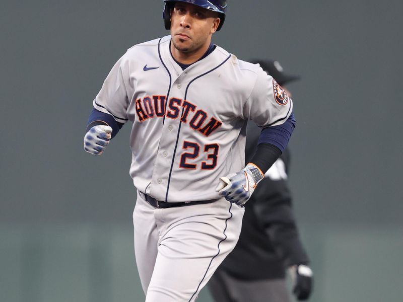 Oct 11, 2023; Minneapolis, Minnesota, USA; Houston Astros designated hitter Michael Brantley (23) rounds the bases after hitting a solo home-run against the Minnesota Twins during game four of the ALDS for the 2023 MLB playoffs at Target Field. Mandatory Credit: Jesse Johnson-USA TODAY Sports