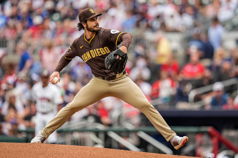 May 25, 2025; Cumberland, Georgia, USA; San Diego Padres starting pitcher Dylan Cease (84) pitches against the Atlanta Braves during the first inning at Truist Park. Mandatory Credit: Dale Zanine-Imagn Images