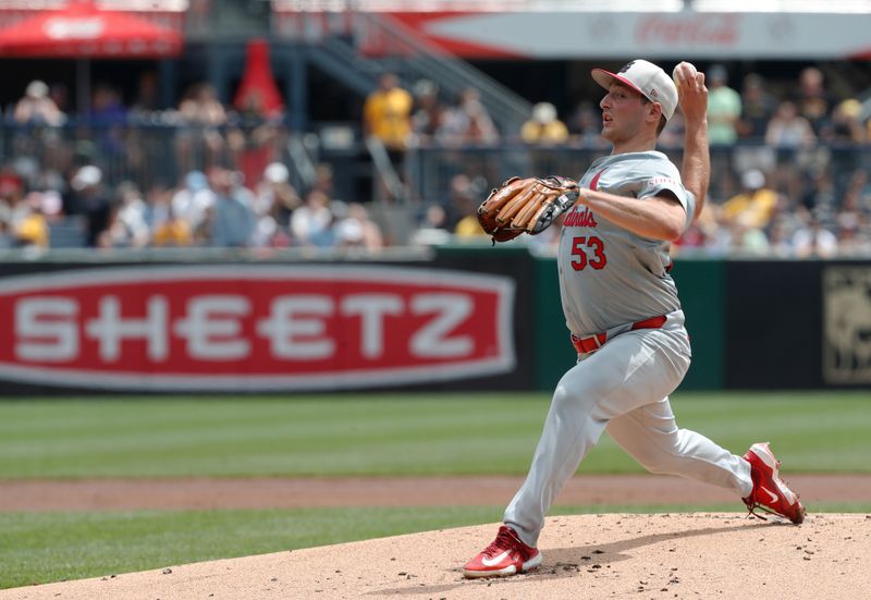 Jul 4, 2024; Pittsburgh, Pennsylvania, USA; St. Louis Cardinals starting pitcher Andre Pallante (53) delivers a pitch against the Pittsburgh Pirates during the first inning at PNC Park. Mandatory Credit: Charles LeClaire-USA TODAY Sports