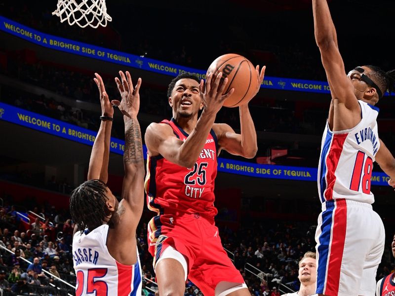 DETROIT, MI - MARCH 24: Trey Murphy III #25 of the New Orleans Pelicans drives to the basket during the game against the Detroit Pistons on March 24, 2024 at Little Caesars Arena in Detroit, Michigan. NOTE TO USER: User expressly acknowledges and agrees that, by downloading and/or using this photograph, User is consenting to the terms and conditions of the Getty Images License Agreement. Mandatory Copyright Notice: Copyright 2024 NBAE (Photo by Chris Schwegler/NBAE via Getty Images)