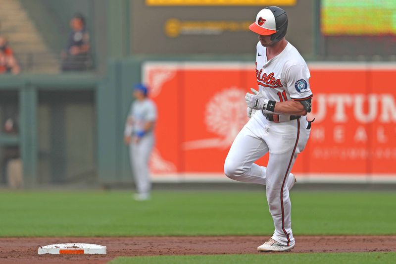 Jul 9, 2024; Baltimore, Maryland, USA; Baltimore Orioles second baseman Jordan Westburg (2) rounds the bases following his solo home run in the second inning against the Chicago Cubs at Oriole Park at Camden Yards. Mandatory Credit: Mitch Stringer-USA TODAY Sports
