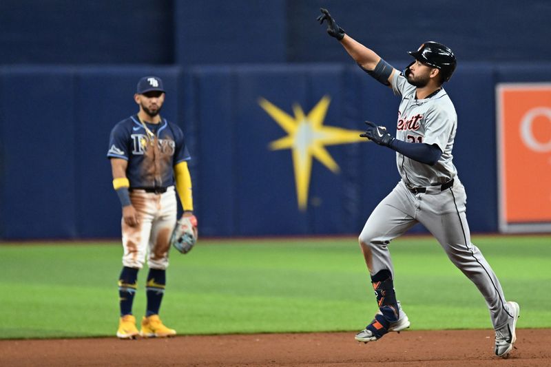 Apr 23, 2024; St. Petersburg, Florida, USA; Detroit Tigers designated hitter Riley Greene (31) celebrates after hitting a two-run home run in the eighth inning against the Tampa Bay Rays at Tropicana Field. Mandatory Credit: Jonathan Dyer-USA TODAY Sports