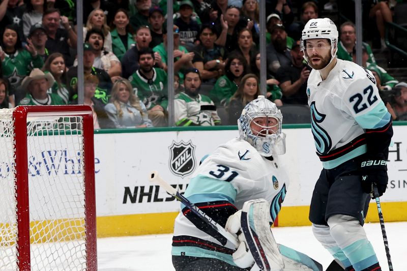 Apr 13, 2024; Dallas, Texas, USA; Seattle Kraken goaltender Philipp Grubauer (31) makes a save against the Dallas Stars in the second period at American Airlines Center. Mandatory Credit: Tim Heitman-USA TODAY Sports