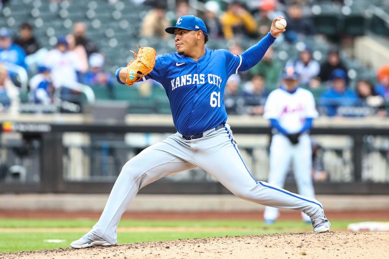 Apr 13, 2024; New York City, New York, USA;  Kansas City Royals relief pitcher Angel Zerpa (61) pitches in the sixth inning against the New York Mets at Citi Field. Mandatory Credit: Wendell Cruz-USA TODAY Sports